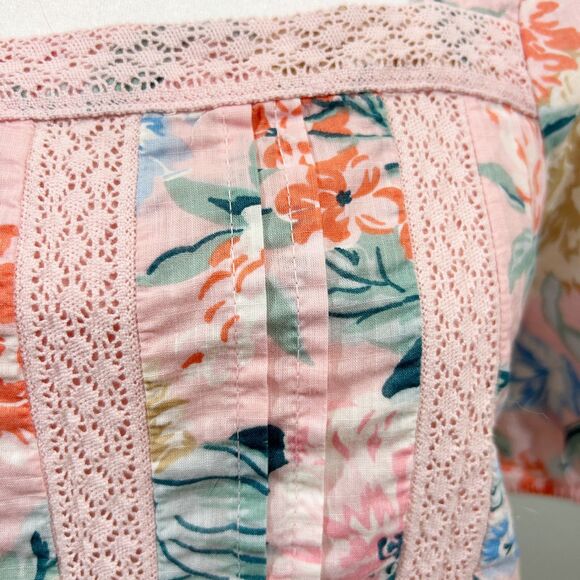 Loft 100% Cotton Pink Floral Peplum Lace Puff Sleeve Top Size XS Cottagecore - Picture 5 of 13